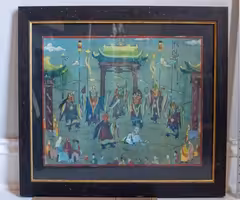 Framed Mongolian Tibetan Pastel Firelight Shaman Ceremony Scene